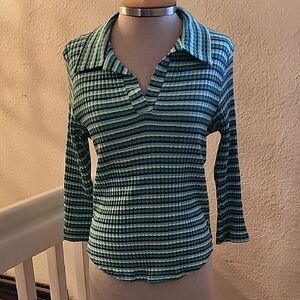 Women's Striped Green and Blue Long Sleeve Top